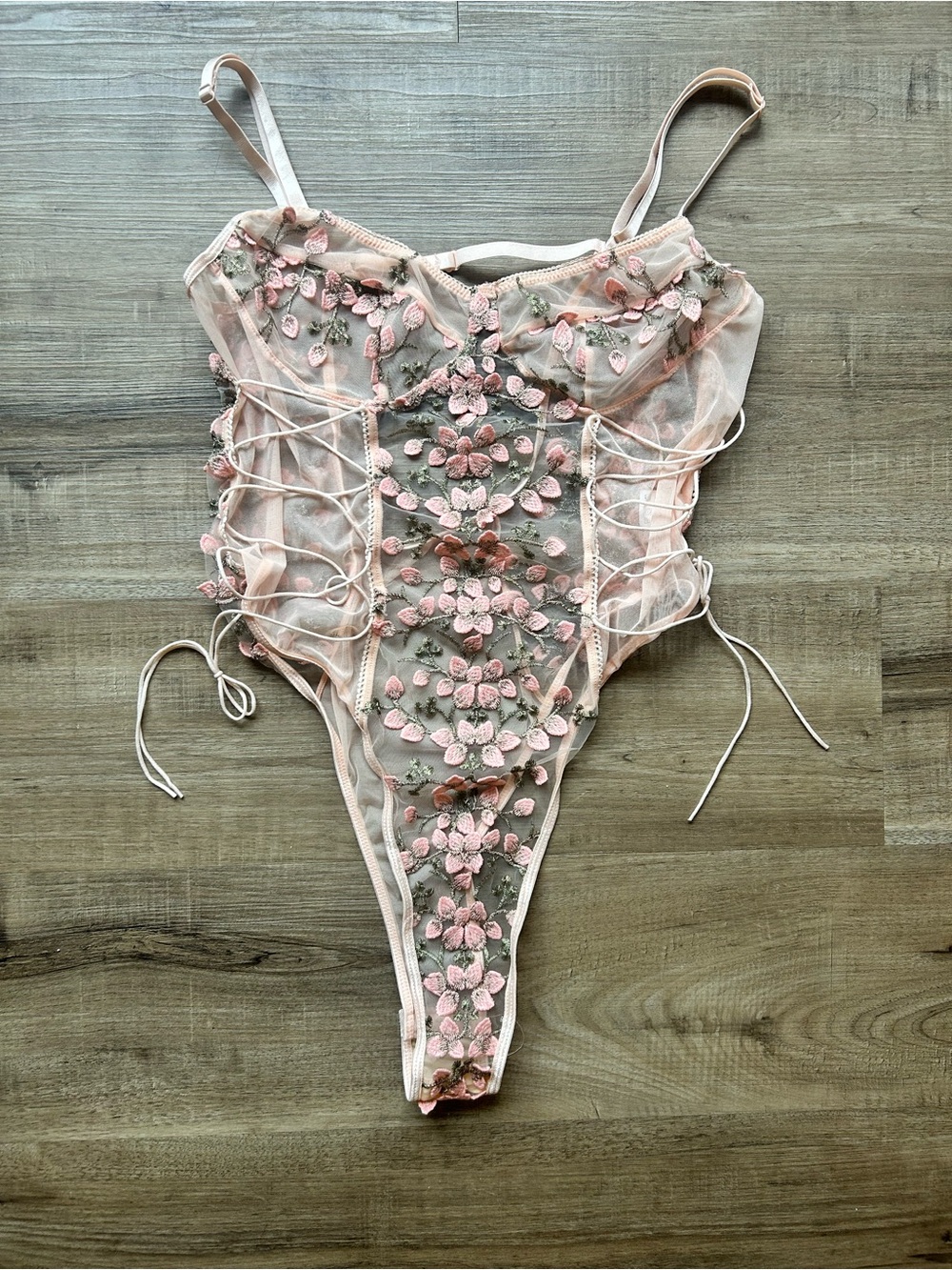 Lilosy women lace up floral embroidered bodysuit